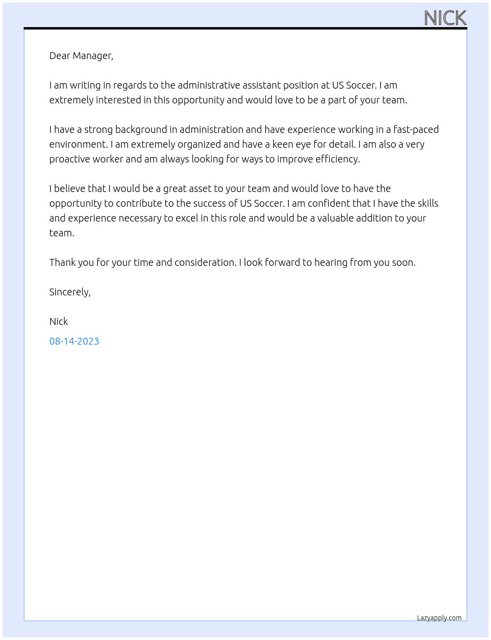 administrative assistant At us soccer Cover Letter