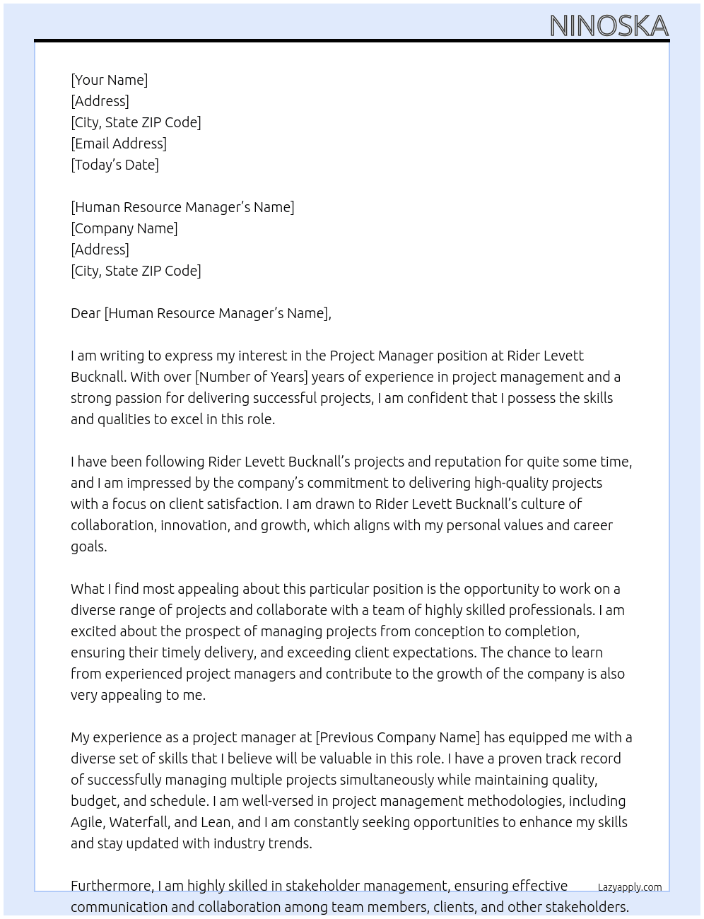 Project Manager At Rider Levett Bucknall Cover Letter