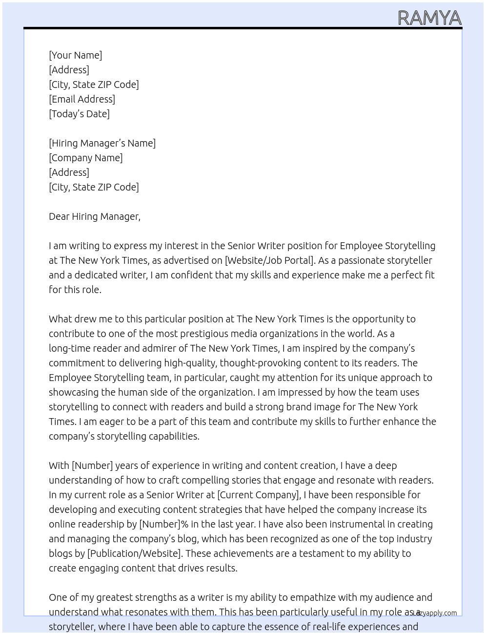 Senior Writer, Employee Storytelling At The New York Times Cover Letter