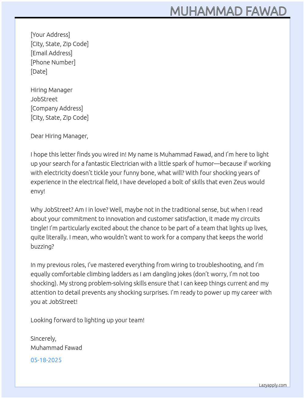 Electrician At JobStreet Cover Letter