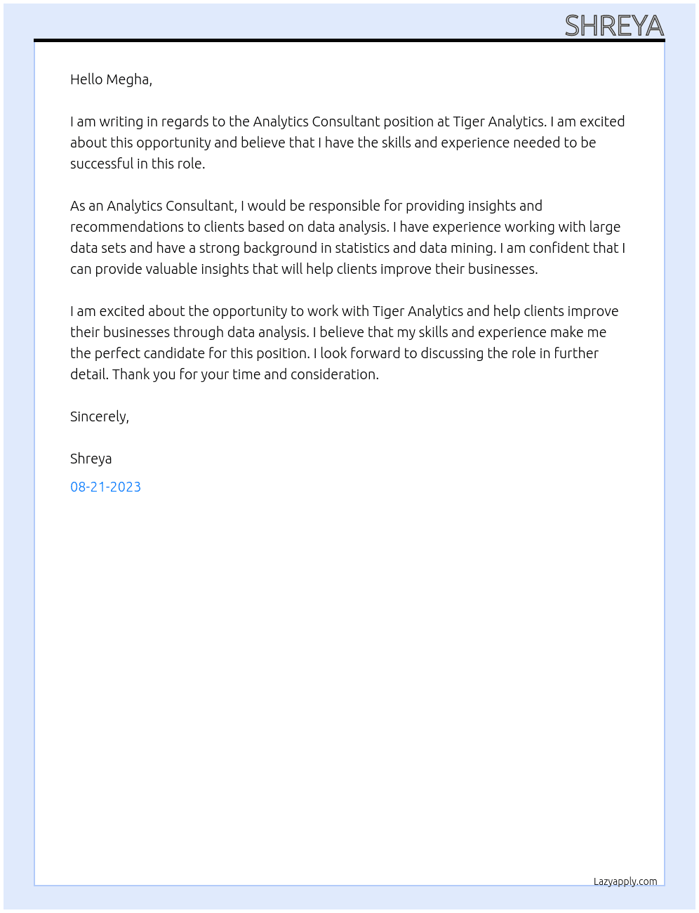Analytics Consultant At tiger analytics Cover Letter