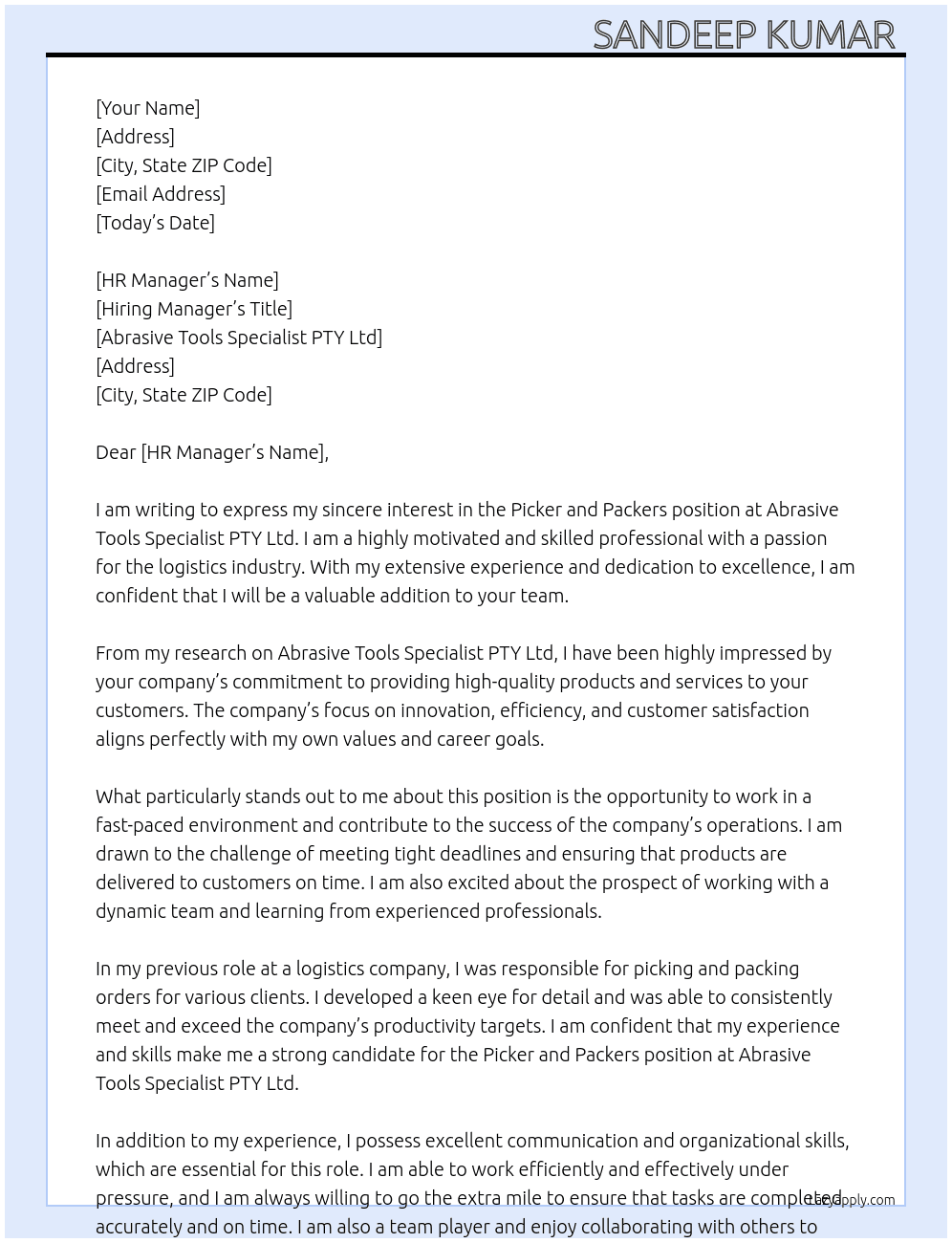 Picker and packers  At Abrasive Tools Specialist PTY Ltd  Cover Letter