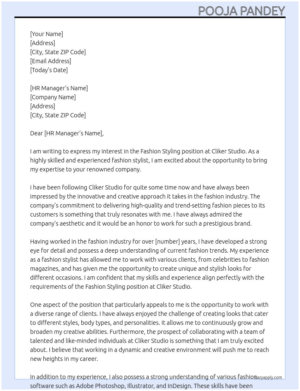 Fashion styling  At Cliker studio  Cover Letter