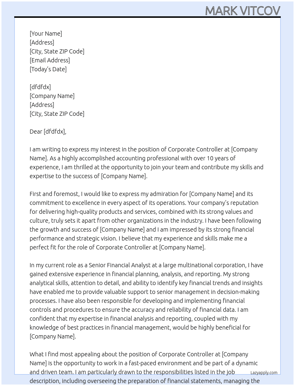 Corporate Controller At cdf Cover Letter