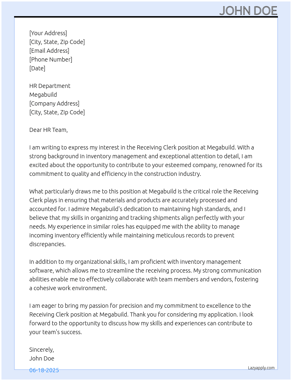 Receiving Clerk At Megabuild Cover Letter