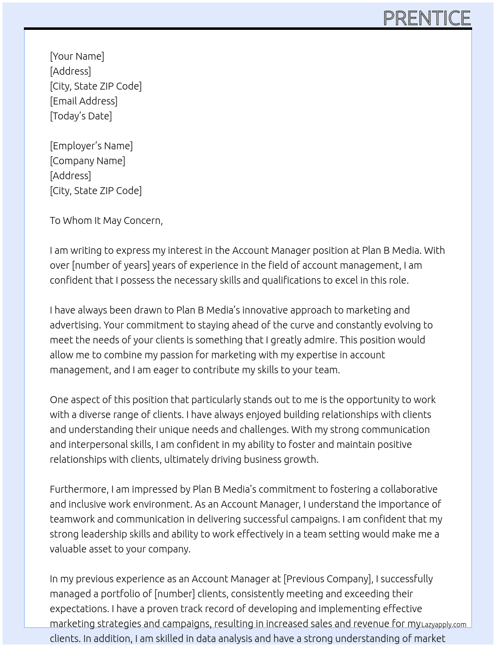 Account Manager At Plan B Media Cover Letter