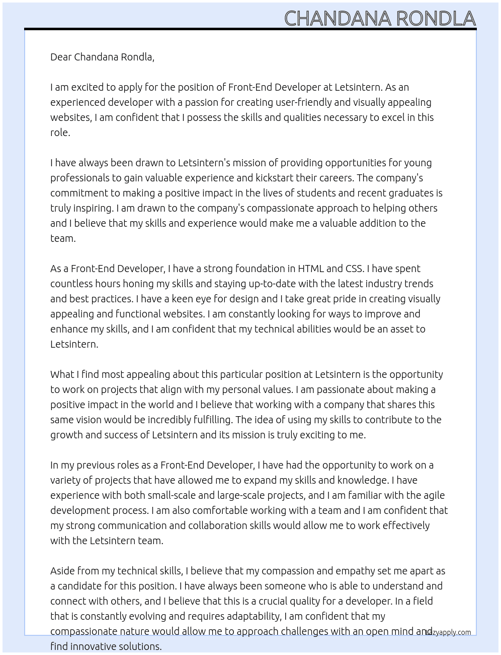 front-end developer At Letsintern Cover Letter