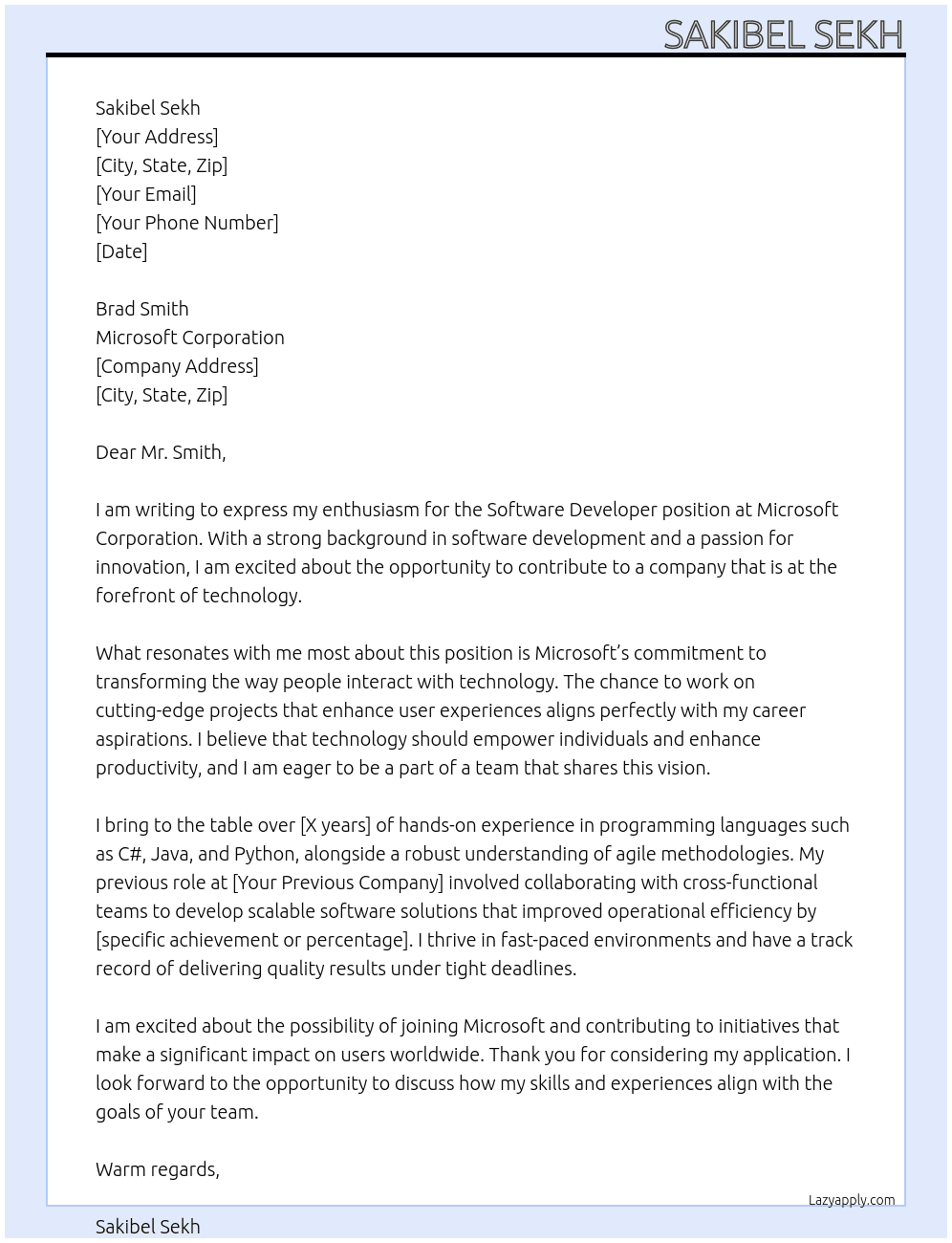Microsoft Software  Developer At Microsoft Corporation  Cover Letter