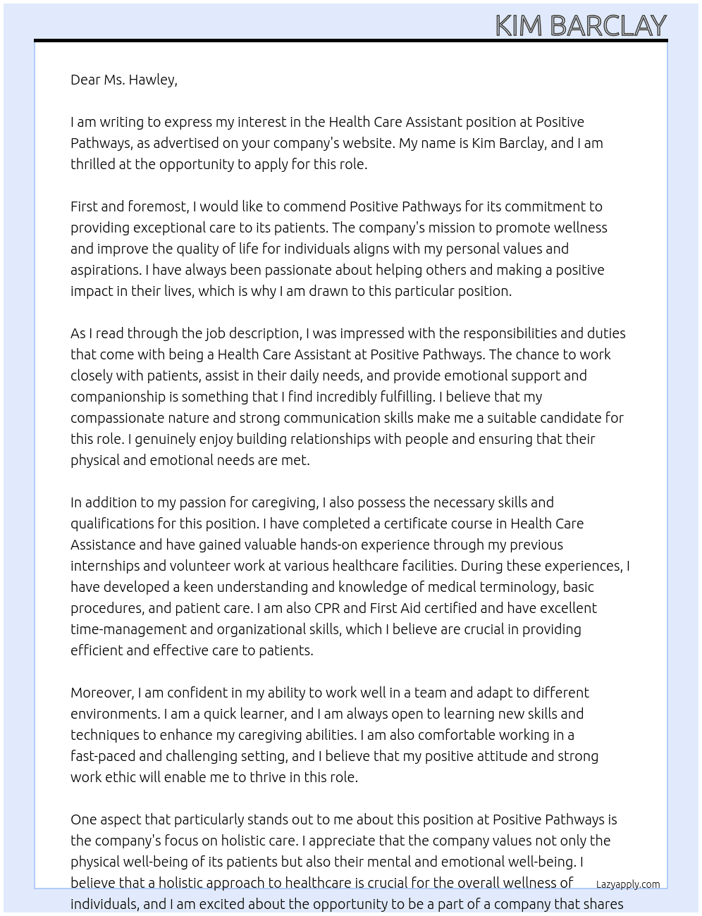 Health Care Assistant At Positive Pathways Cover Letter