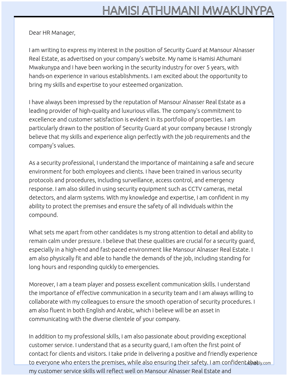 SECURITY GUARD At MANSOUR  ALNASSER REAL ESTATE Cover Letter