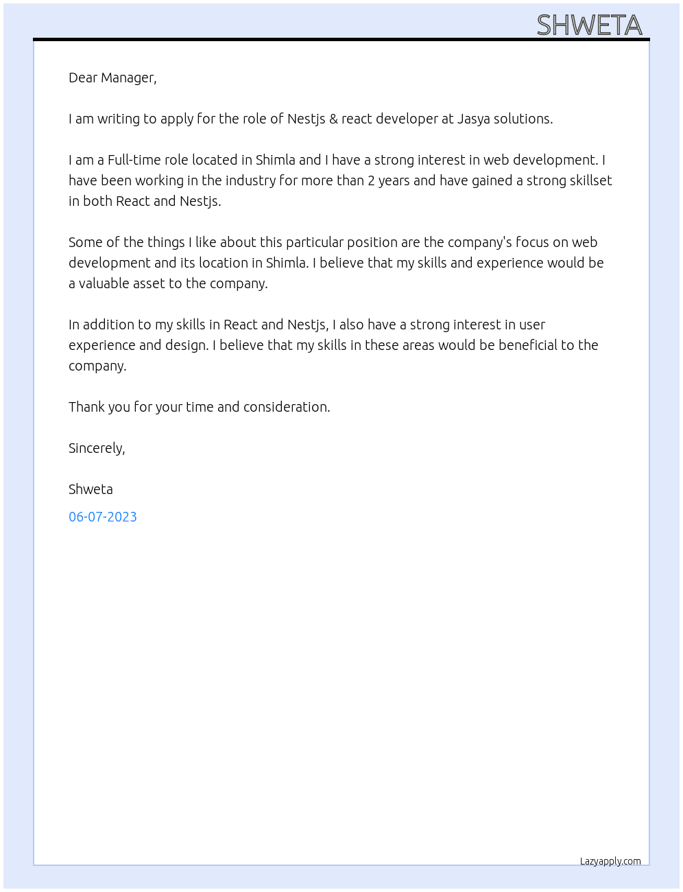 Nestjs & react developer  At Jasya solutions  Cover Letter