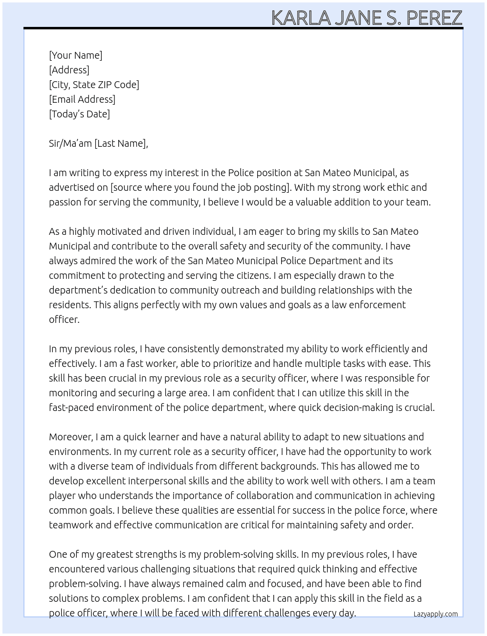 Police At San mateo municipal Cover Letter