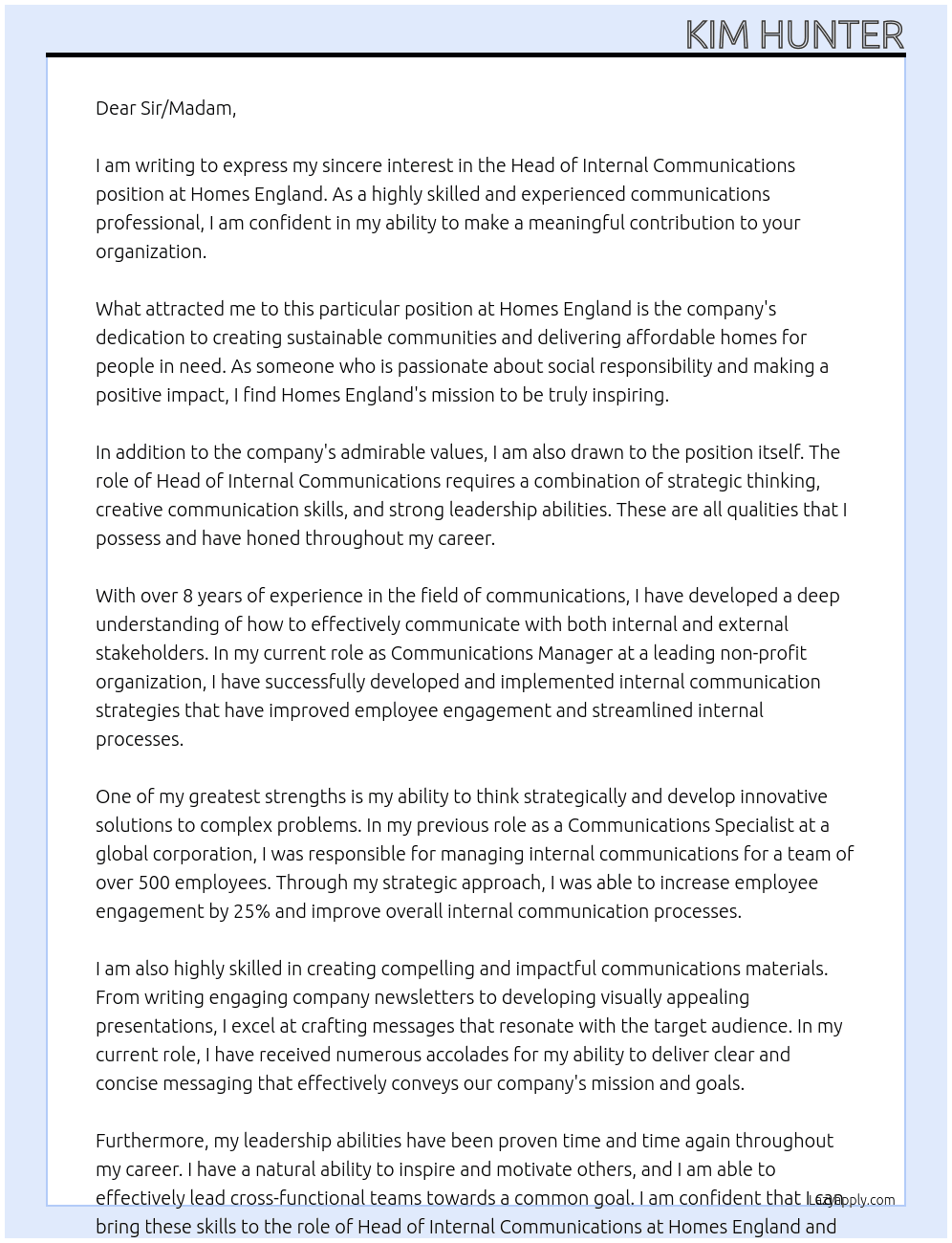 Head of Internal Communications At Homes England Cover Letter
