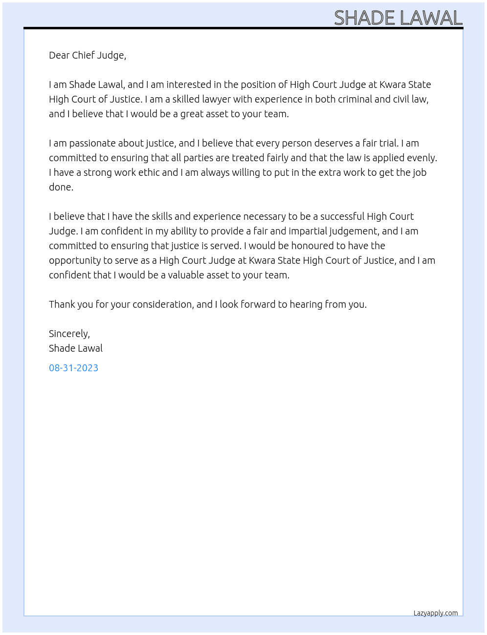 High court judge At Kwara State High Court of Justice  Cover Letter