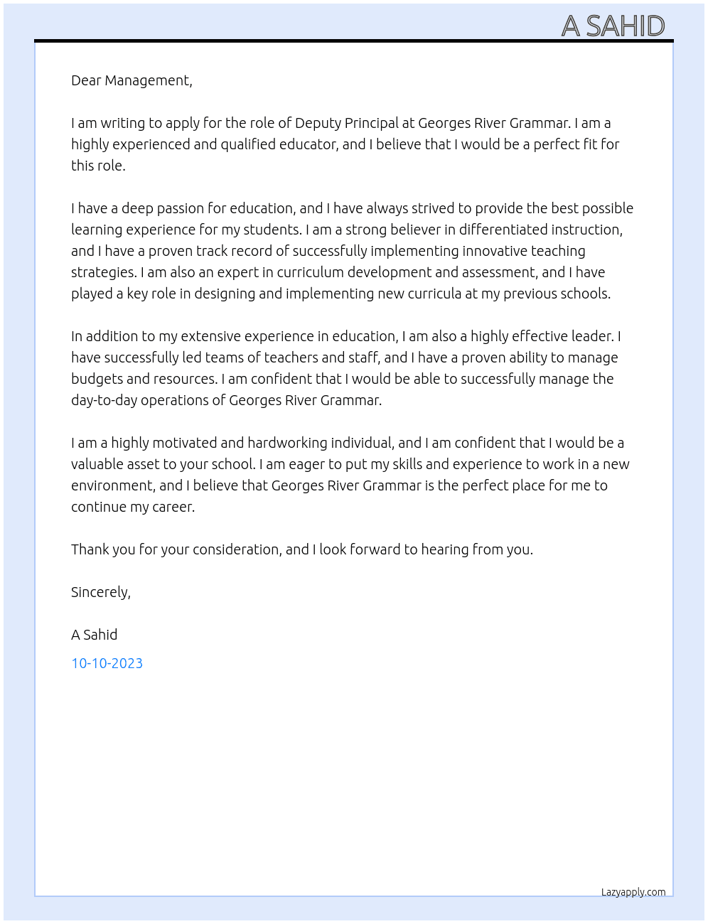 Deputy Principal At Georges River Grammar Cover Letter