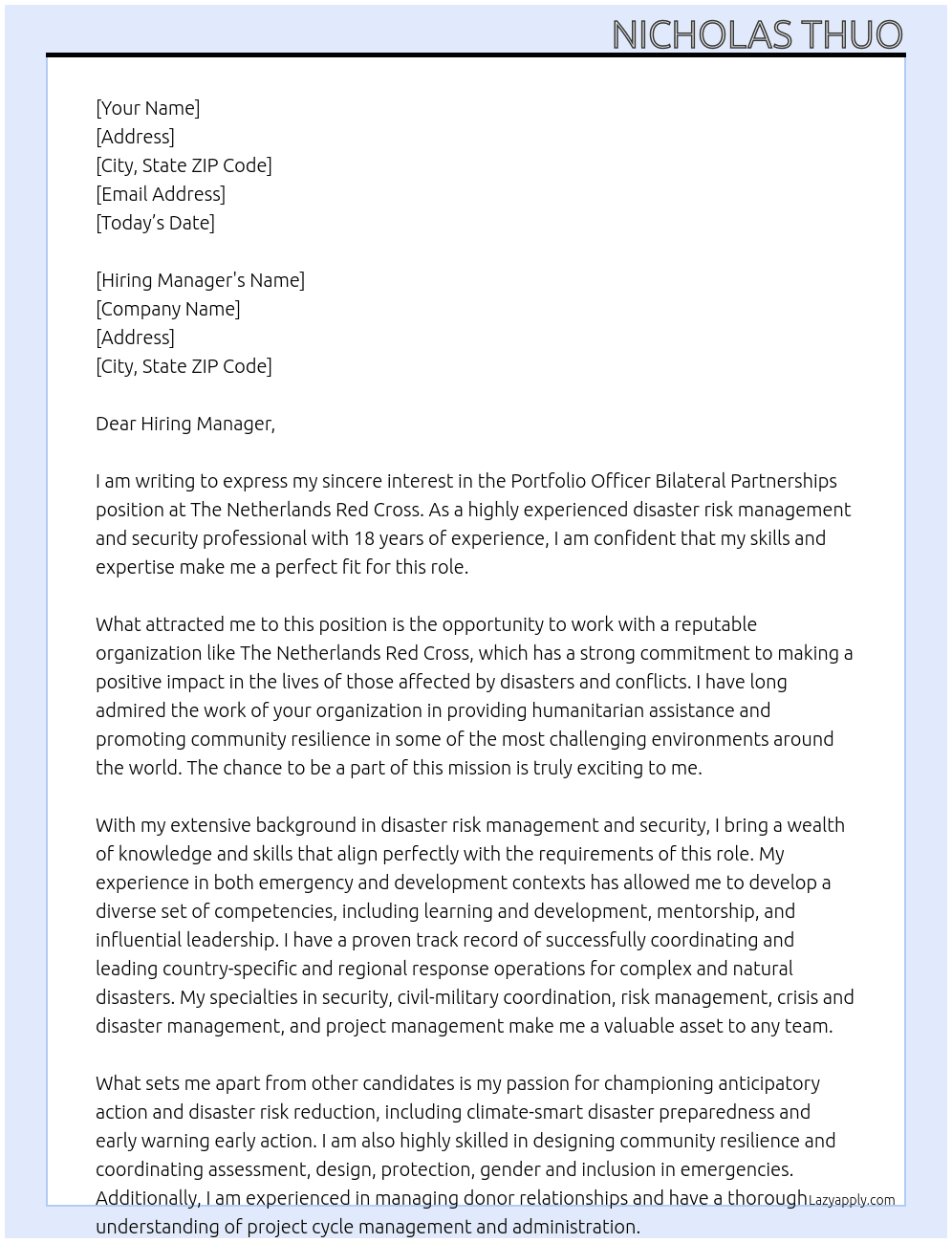 Portfolio Officer Bilateral partnerships At The Netherlands Red Cross Cover Letter