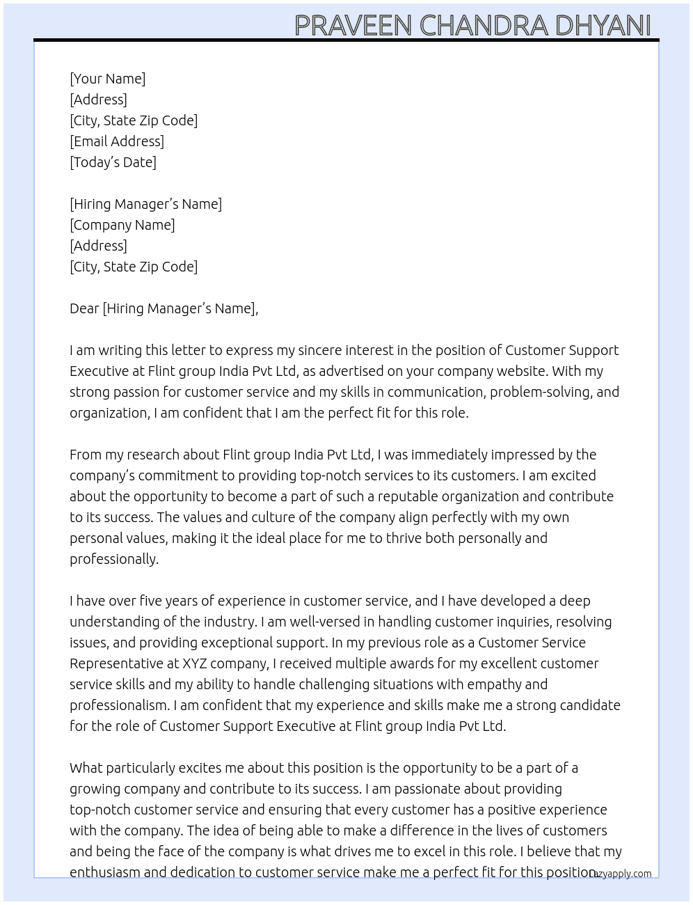 Cover letter for costumer support executive - LazyApply