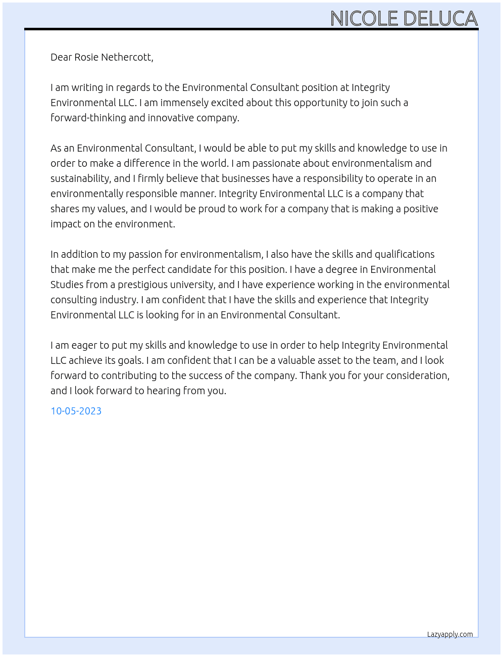 Environmental Consultant At Integrity Environmetal LLC Cover Letter