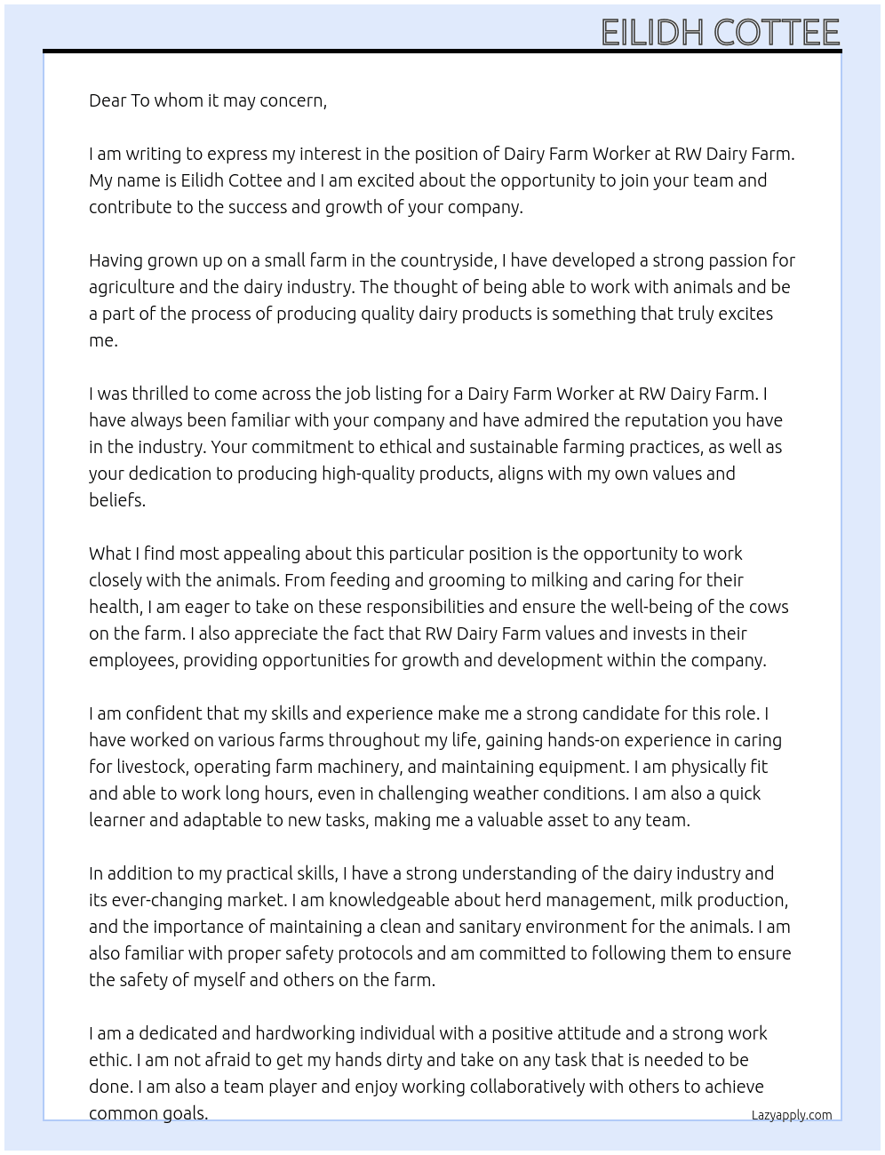 Dairy farm worker At RW DAIRY FARM Cover Letter