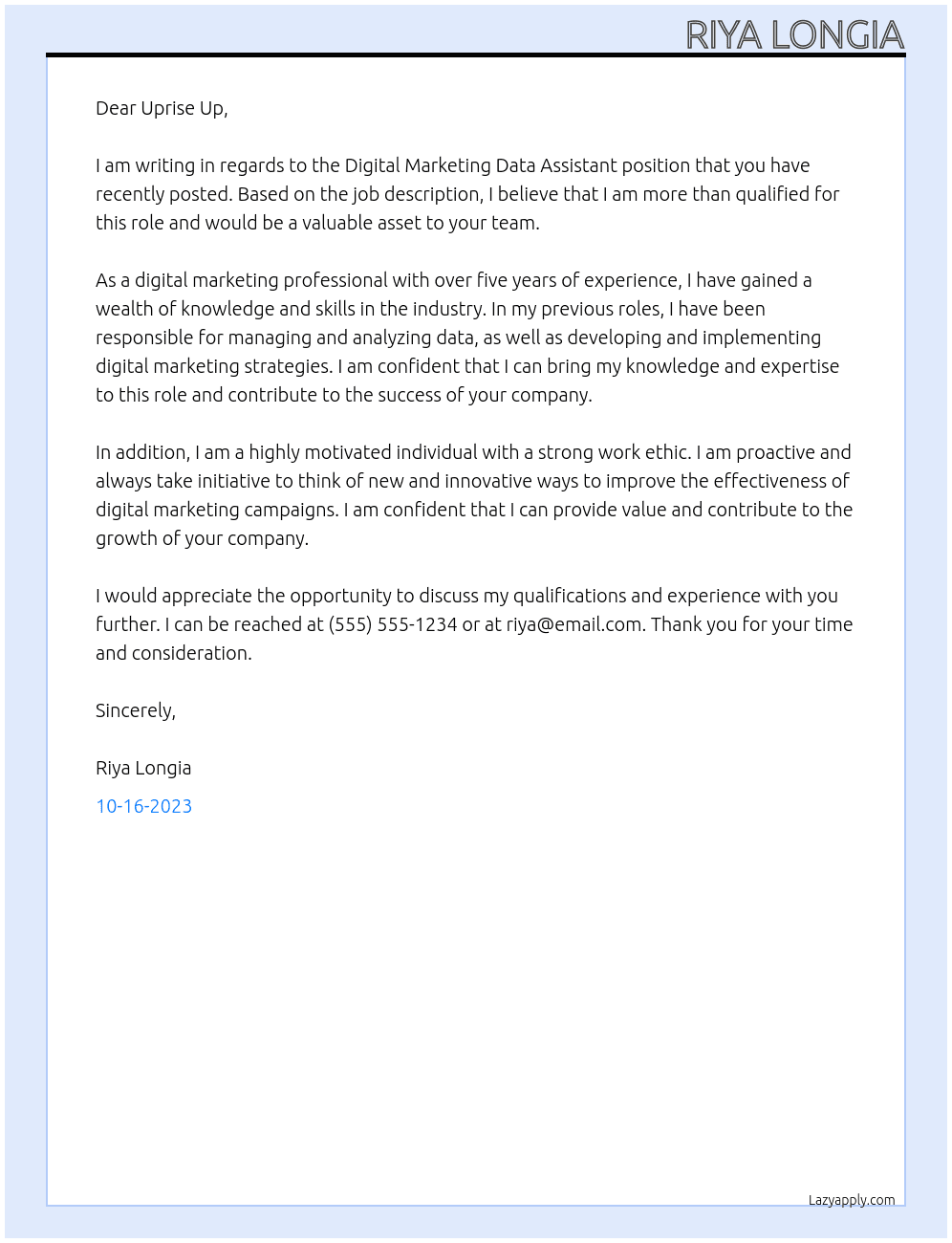 Digital marketing data assistant At Uprise Up Cover Letter