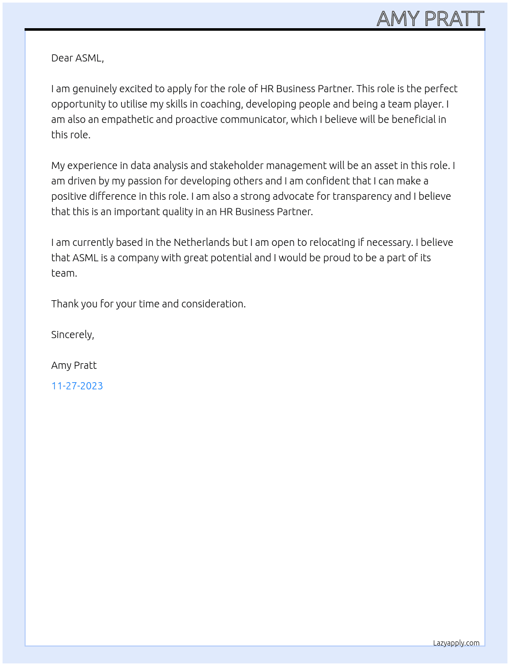 HR Business partner  At ASML Cover Letter