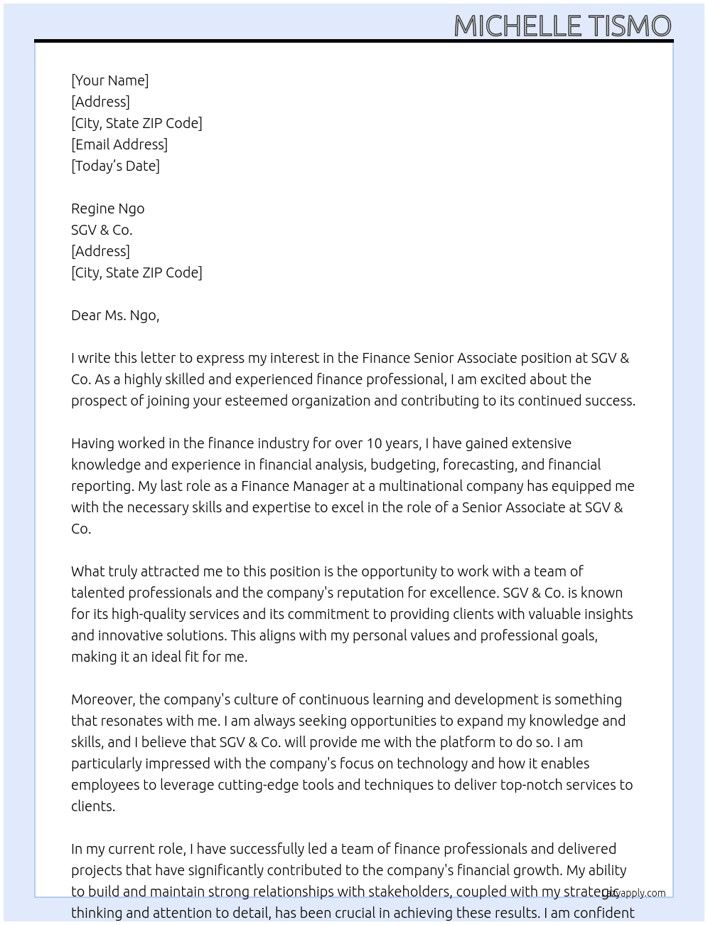 Finance senior associate  At SGV & Co. Cover Letter