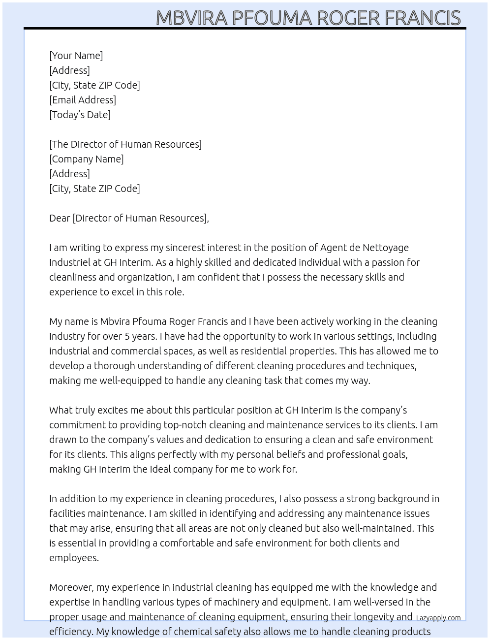 Agent de nettoyage industriel  At GH Interim Cover Letter