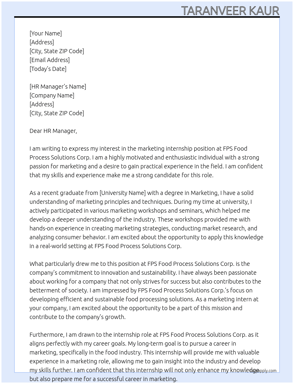  marketing internship At FPS FOOD PROCESS SOLUTIONS CORP. Cover Letter