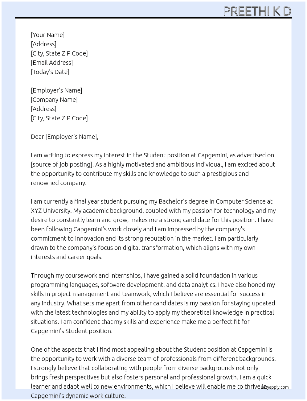 Student At Capgemino Cover Letter