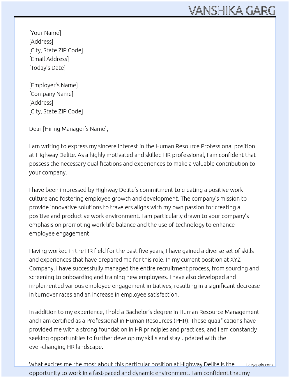 Human Resource professional  At Highway Delite Cover Letter
