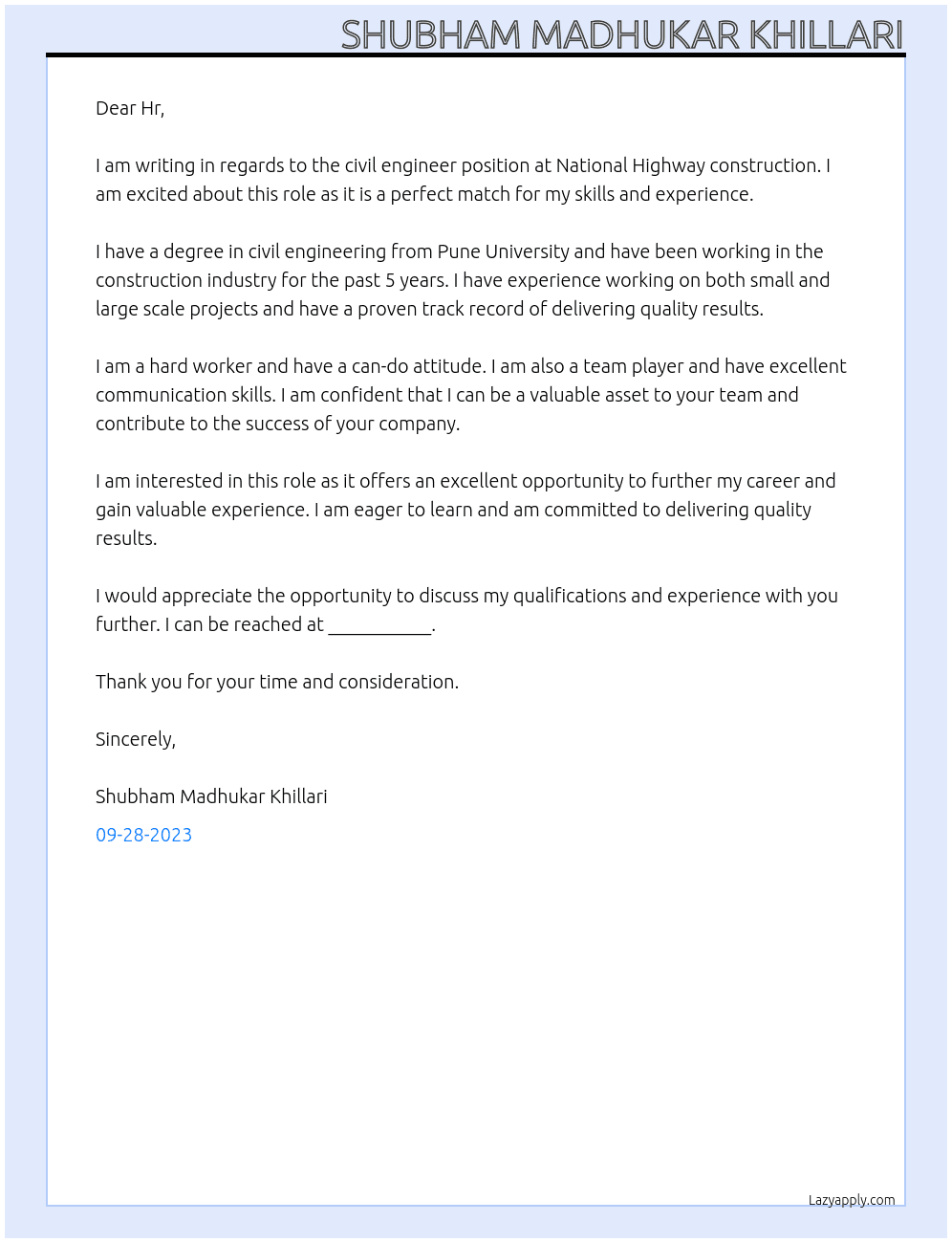 Civil engineer  At National Highway construction  Cover Letter
