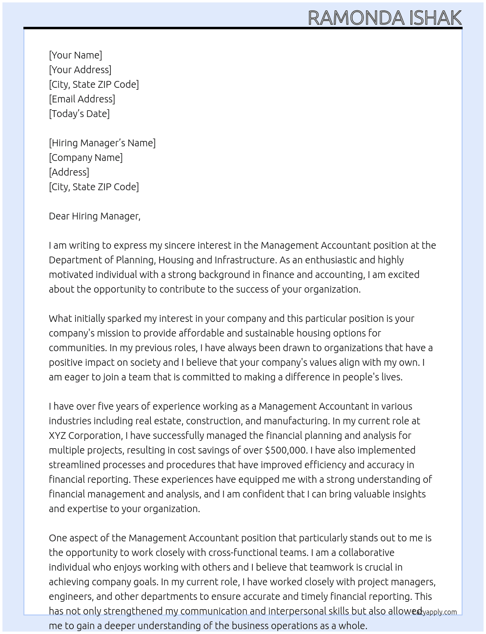 Management Accountant At Department of Planning, Housing and Infrastructure Cover Letter