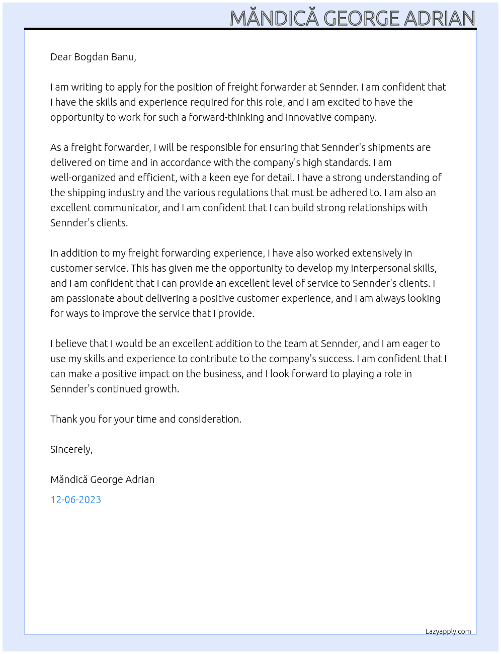 Freight forwarder At Sennder Cover Letter