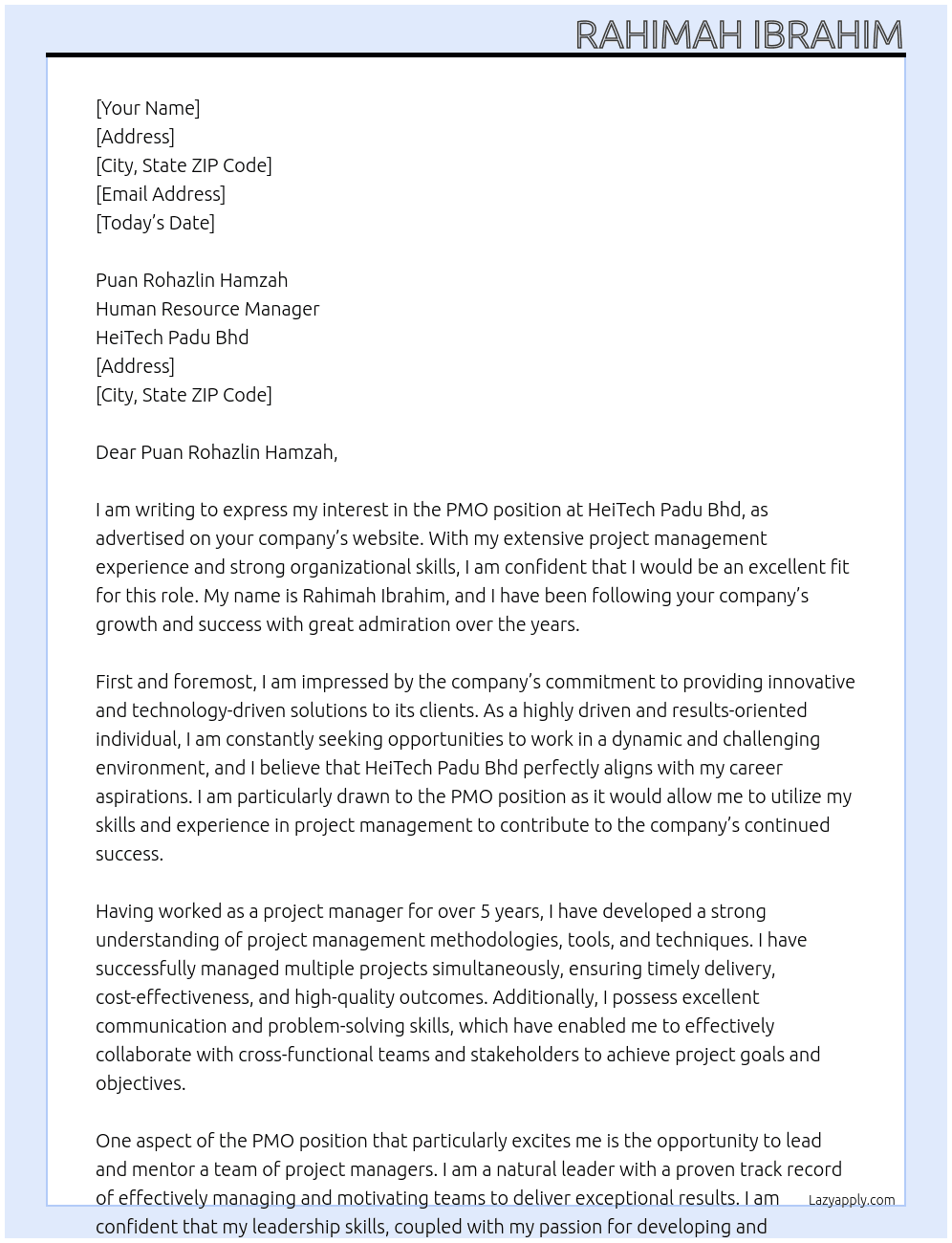 PMO At HeiTech Padu Bhd  Cover Letter