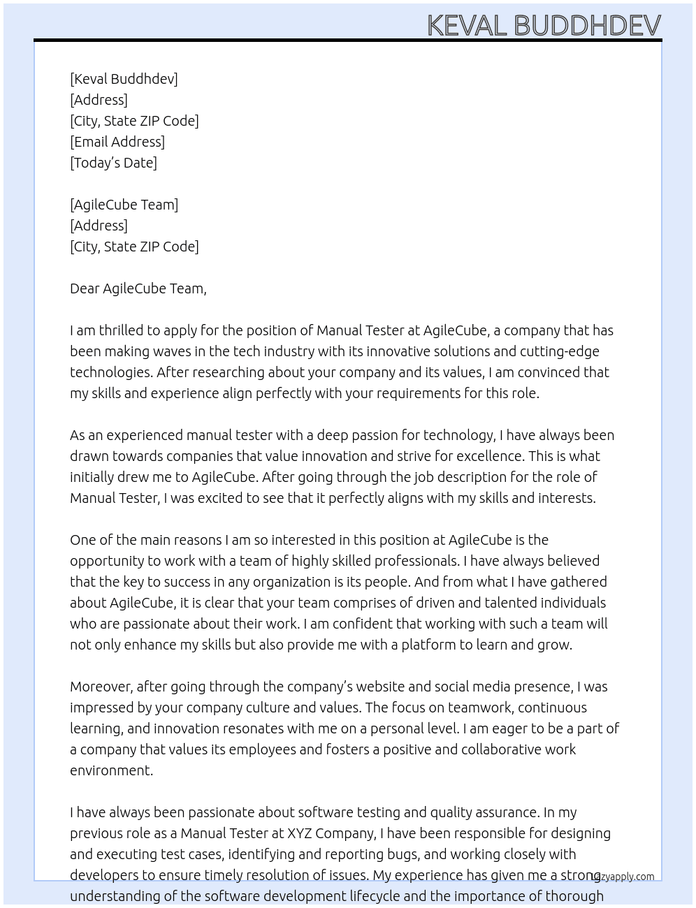 Manual Tester At AgileCube Cover Letter