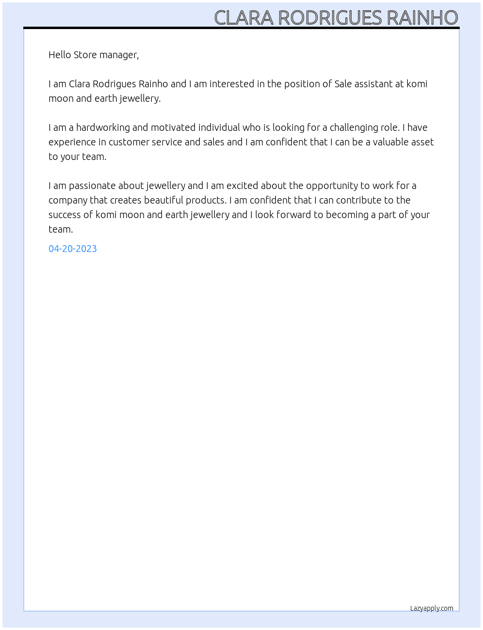 Sale assistant  At komi moon and earth jewellery Cover Letter