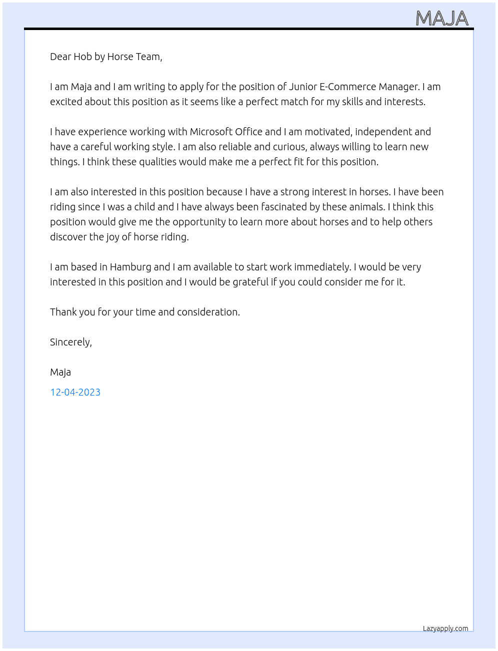 Junior E-Commerce Manager At Hob by Horse Cover Letter