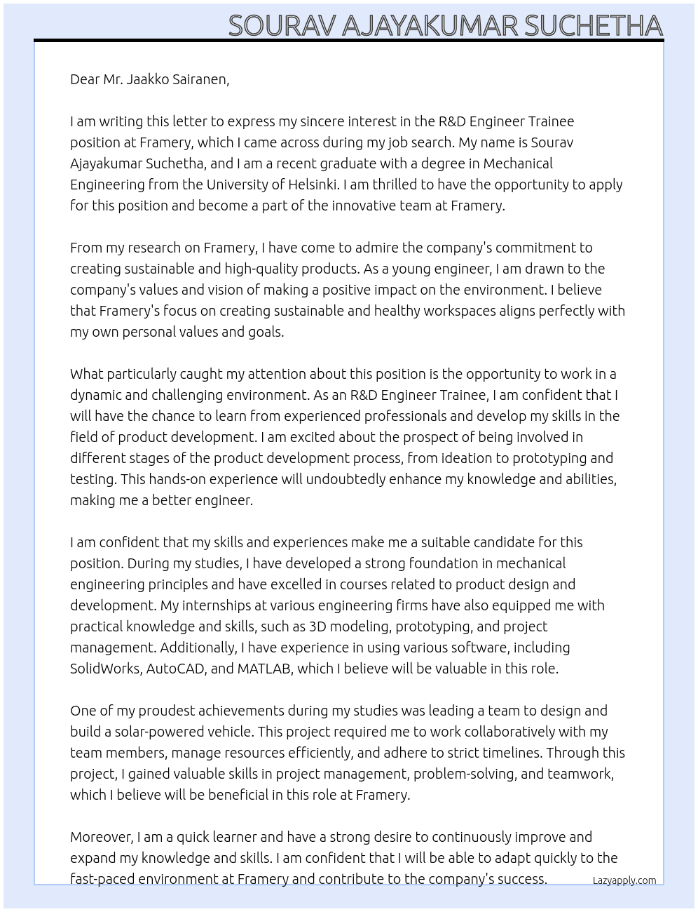R&D Engineer Trainee At Framery Cover Letter