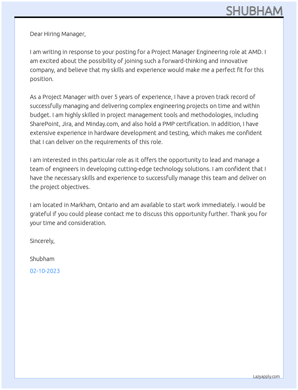 Project Manager Engineering At AMD Cover Letter