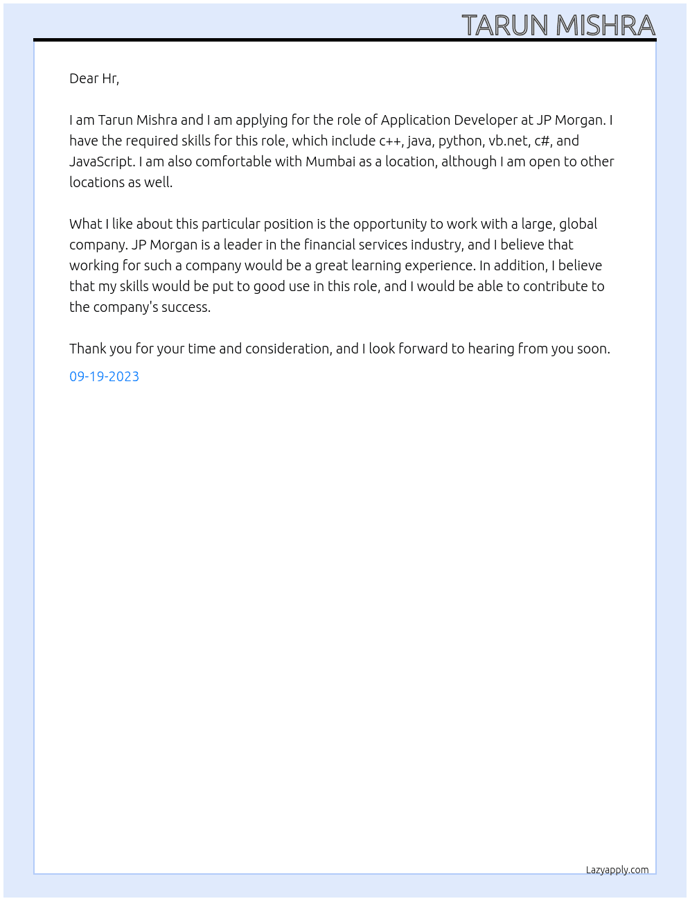 Application Developer  At JP Morgan Cover Letter