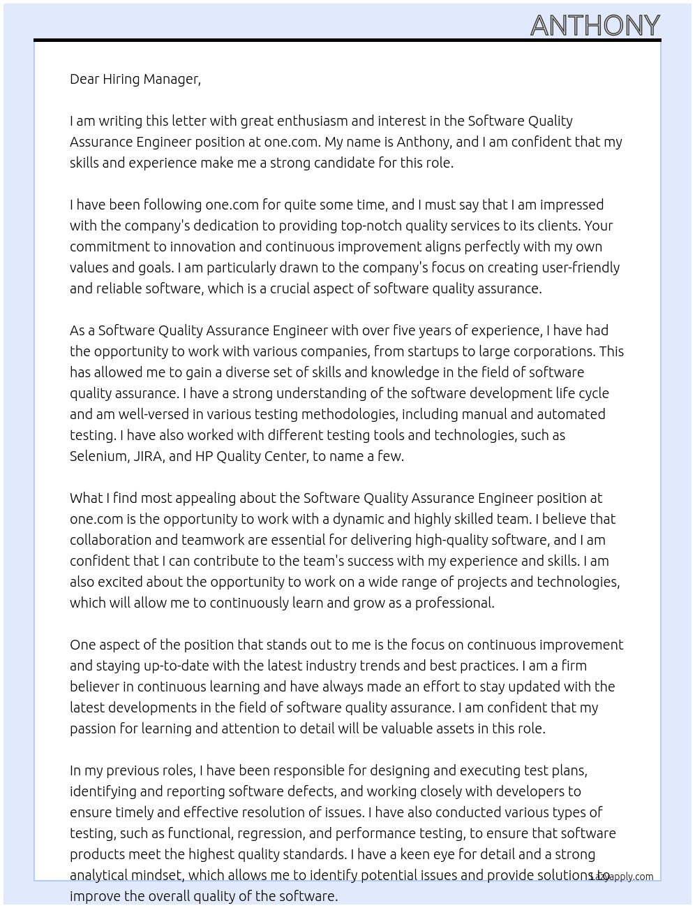 Software Quality Assurance Engineer  At one.com Cover Letter