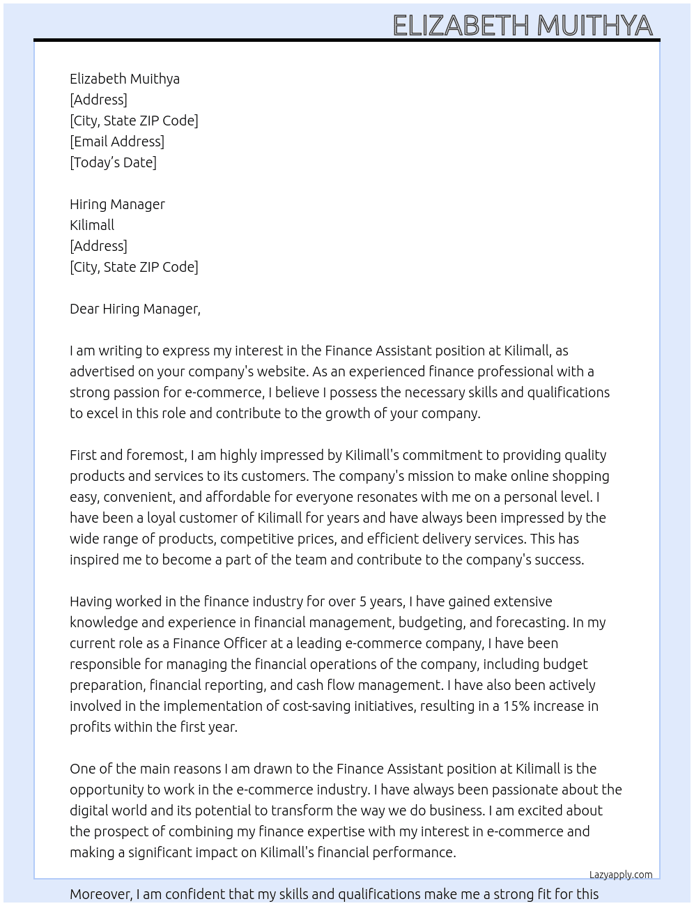 Finance assistant  At Kilimall Cover Letter