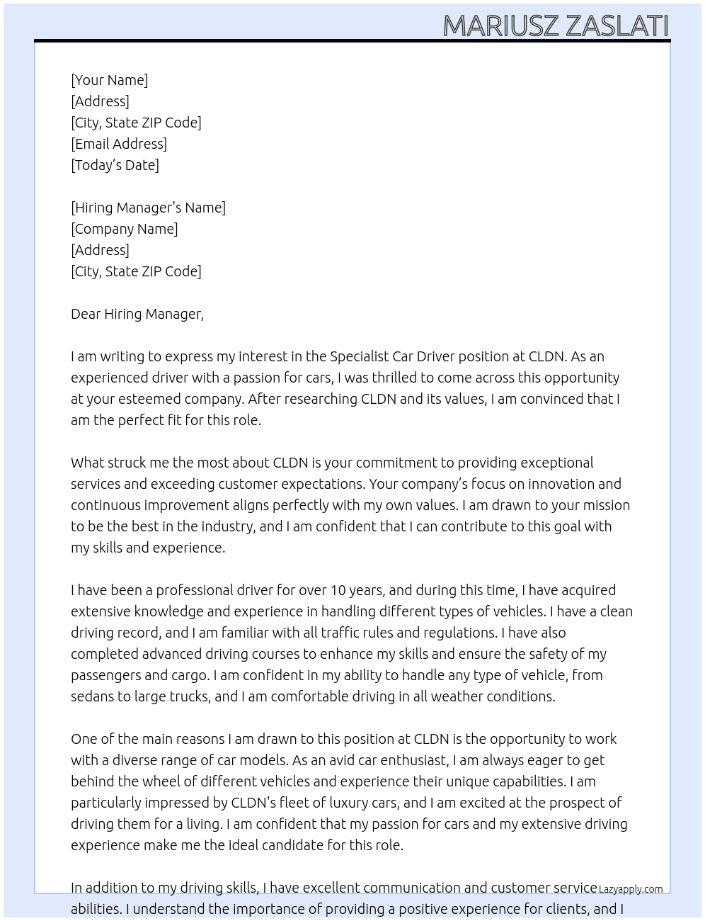Specialist car driver At CLDN Cover Letter