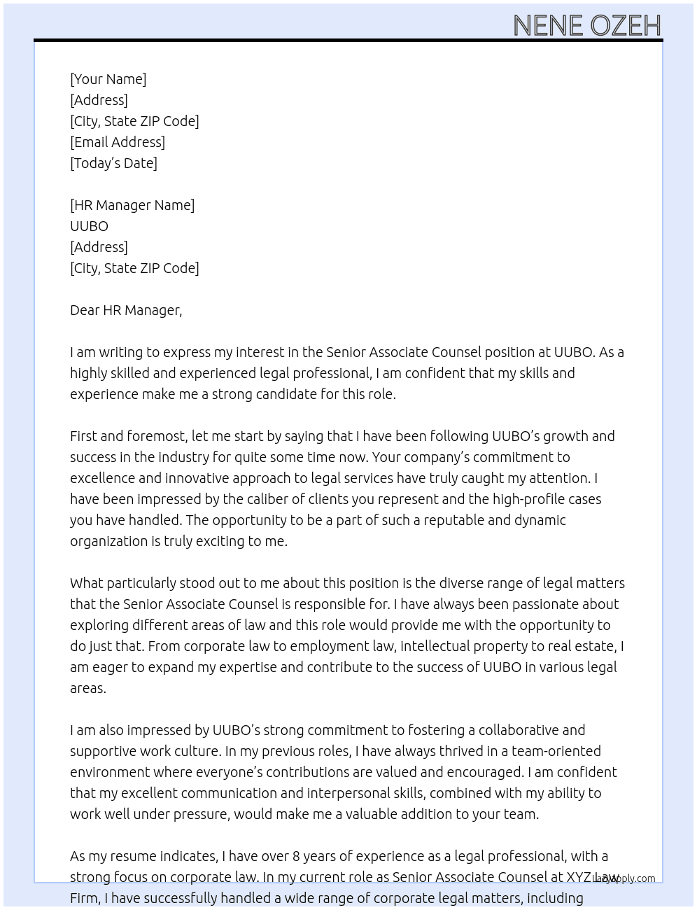 SENIOR ASSOCIATE COUNSEL At UUBO Cover Letter
