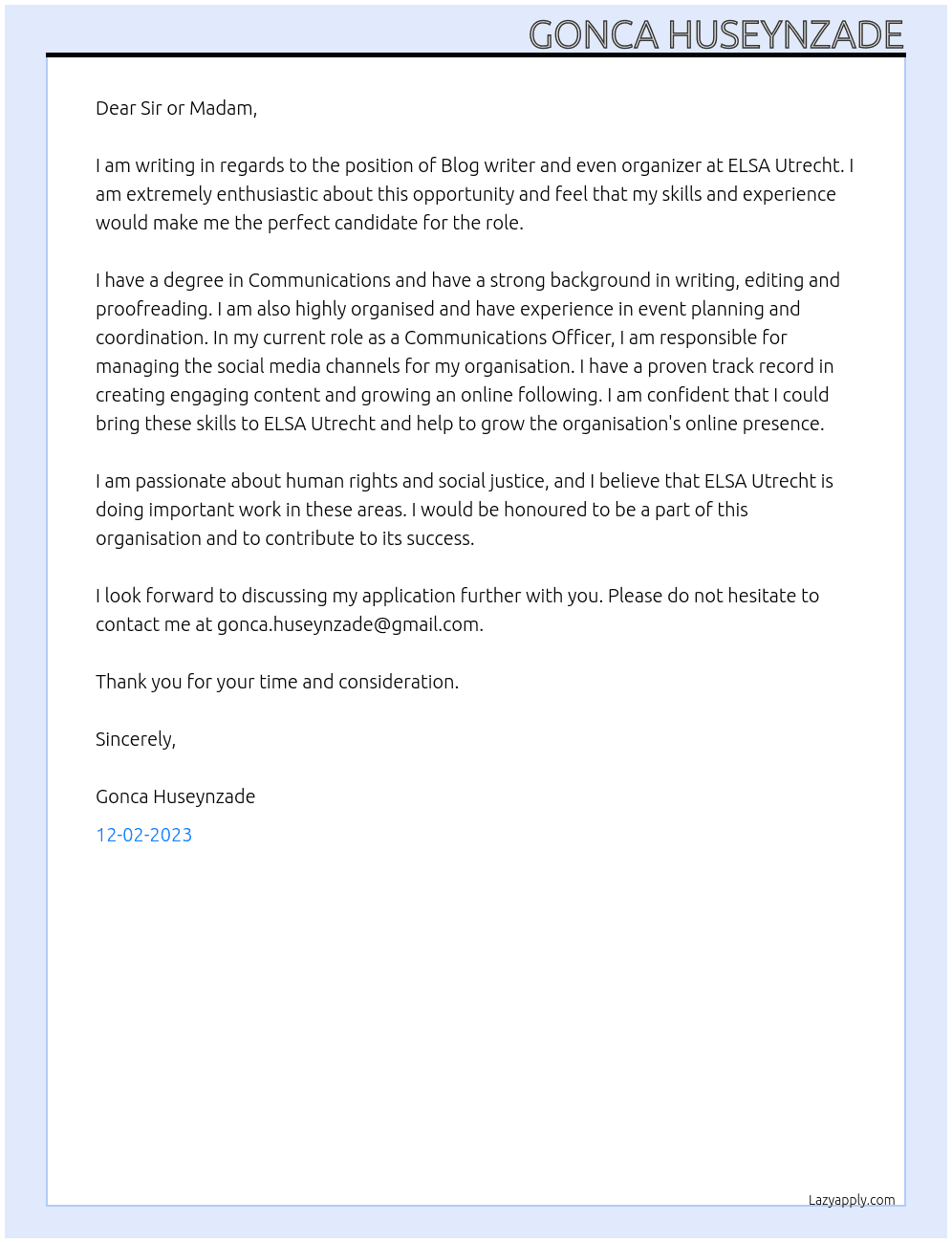 Blog writer, even organizer At ELSA Utrecht Cover Letter