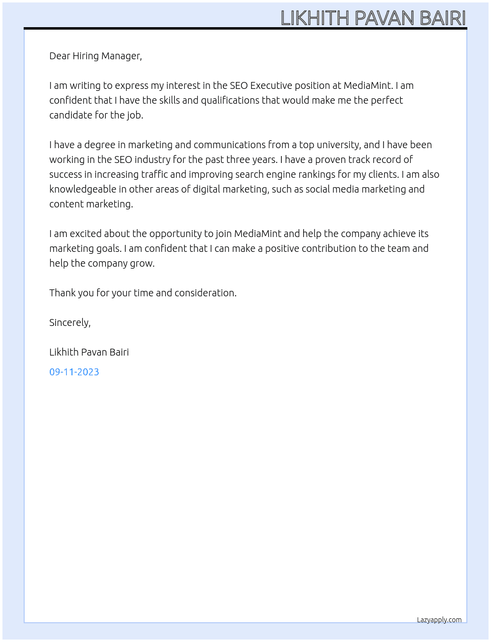 SEO Executive At MediaMint Cover Letter