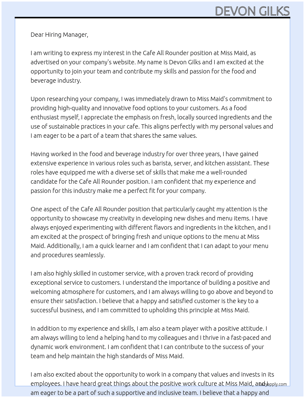 cafe all rounder At miss maid Cover Letter