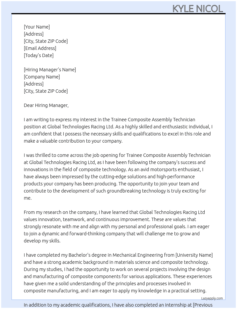Trainee Composite Assembly Technician At Global Technologies Racing Ltd Cover Letter