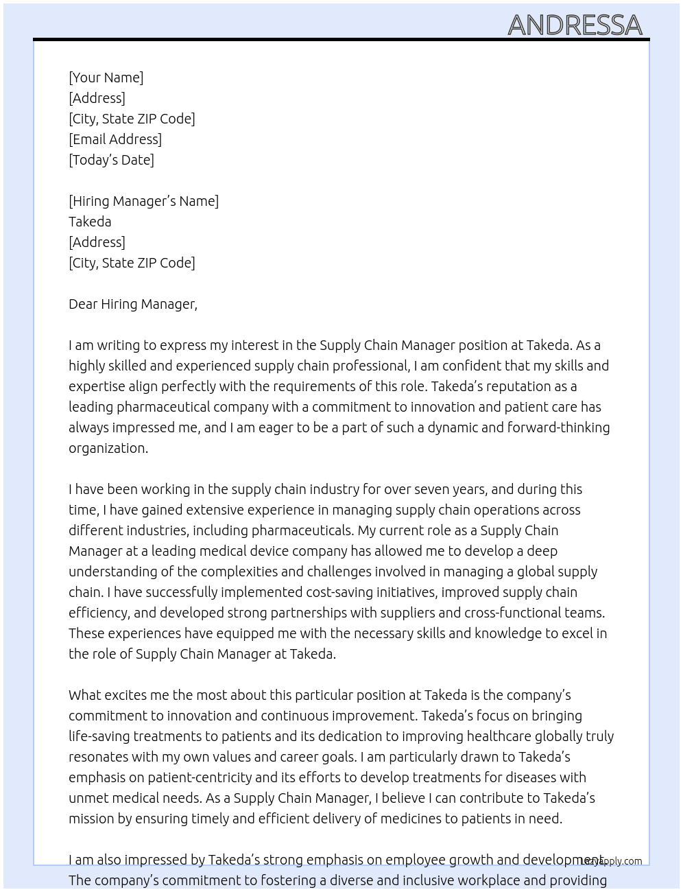 Supply Chain Manager At Takeda Cover Letter