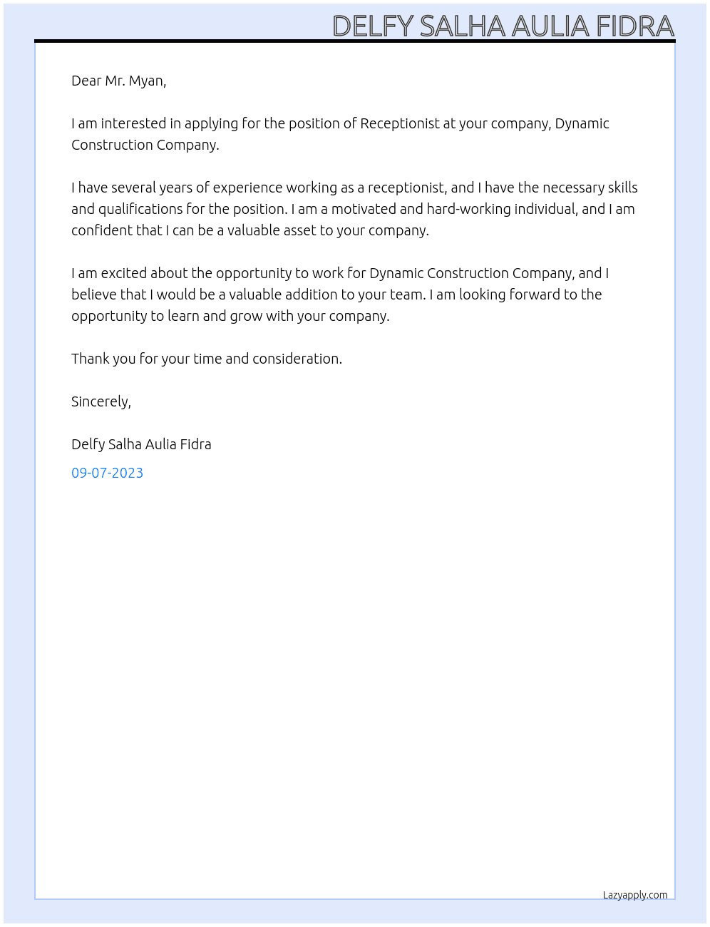 Receptionist At Dynamic construction company Cover Letter